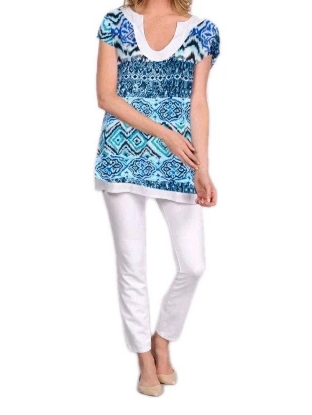 TINA‎ STEPHENS size XS Cap Sleeve Ikat Print Wrinkle Free Relaxed Fit Tunic Teal